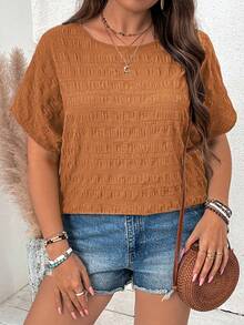 SHEIN VCAY Plus Size Batwing Sleeve Textured Round Neck Casual Shirt - Khaki - View 6