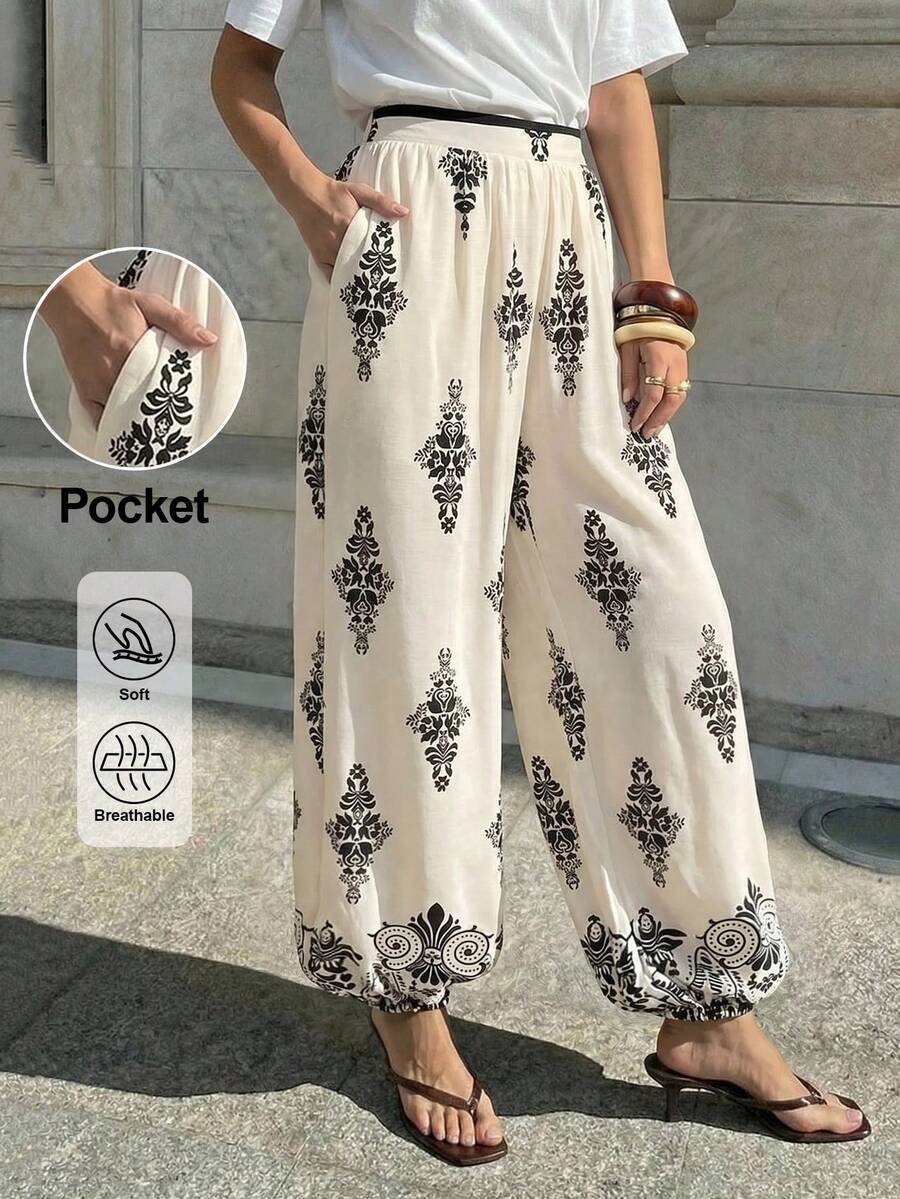 Lavishia Pantalones casuales y holgados con estampado total para vacaciones de mujer - Blanco y Negro - Ver 1
