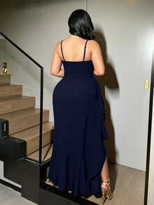 NU&NOW Plus Size Spaghetti Strap High Slit Ruffle Hem Red Party Dress - Navy Blue - View 7