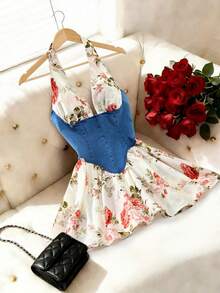 SHEIN MOD Vestido de mezclilla con parches y espalda descubierta para mujer - Azul - Ver 6