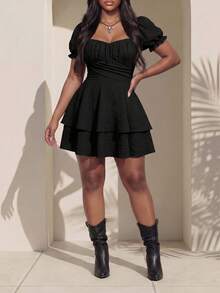 Truni Elyhuante_03 Plus Size Short Puff Sleeve Dress With Bow Tie Back, Summer,Graduation Dress, For Pear Triangle Body Shape - Black - View 3
