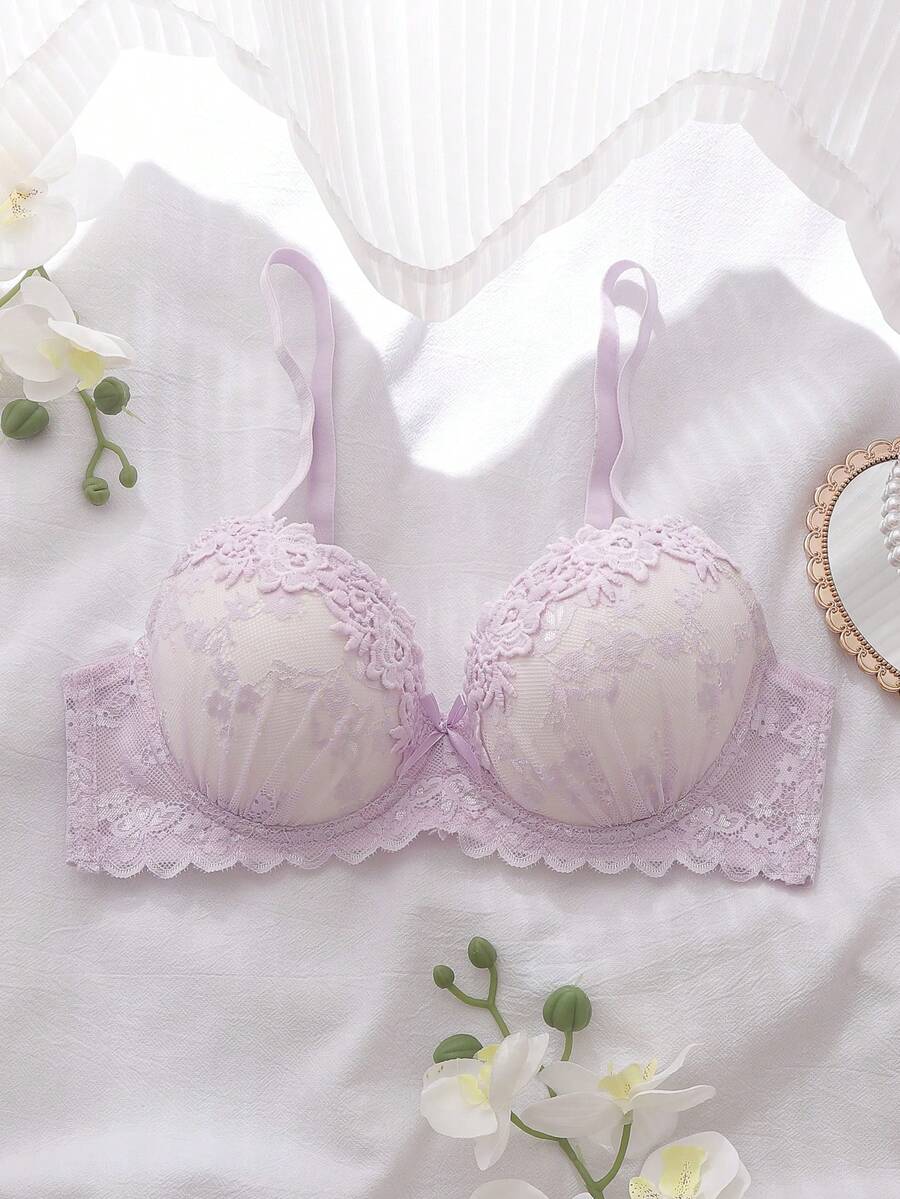 DelicateAllure Lavender Color, With Underwire, Molded Cup, High Support, Lift & Gather, Delicate Lace, Mesh Inset, Innocent, Romantic, Elegant, Refined Ladies Bra - Mauve Purple - View 1
