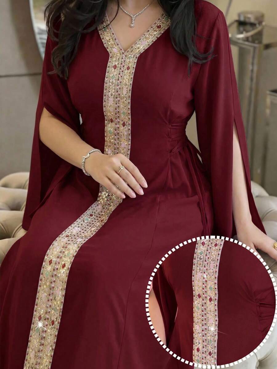 Al Najma Vestido de mujer de talla grande con estilo elegante árabe, parches y abertura en las mangas - Burdeos - Ver 1