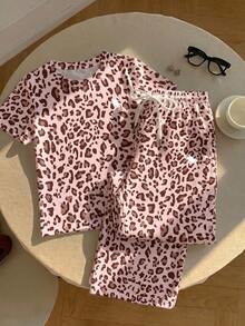 SHEIN EZwear 2pcs Set Embroidered Round Neck Short Sleeve Top And Striped Print Pants, Casual - Pink - View 5