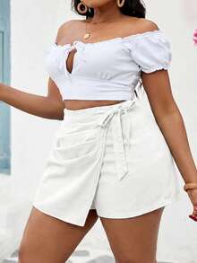 SHEIN SXY 大码夏季休闲纯色侧系带牛仔短裙 - 白色 - 查看 7
