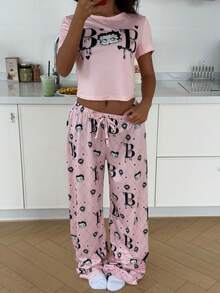 ZzzCrew Betty Boop x SHEIN بيجامة قصيرة الأكمام كاجوال كرتونية للنساء - وردي - مشاهدة 2