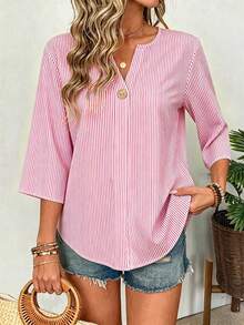 EMERY ROSE Áo sơ mi kẻ sọc cổ chữ V dáng rộng dành cho nữ cỡ lớn - Nhiều màu - Xem 4