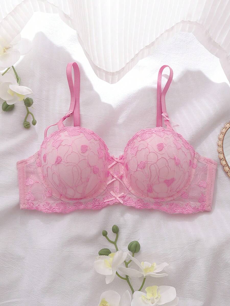 DelicateAllure 纯真闺房甜美刺绣蕾丝杯女士文胸 - 粉色 - 查看 1