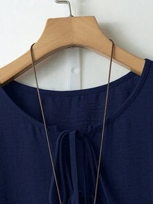 Linhara Bộ đồ 2 mảnh dành cho nữ cỡ lớn, màu trơn, thắt nơ phía trước và quần ống rộng in hoa, kiểu dáng thường ngày. - Màu xanh hải quân - Xem 5