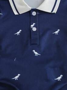 SHEIN 幼儿男童夏季休闲两件套：包含 1 件可爱的恐龙印花翻领 Polo 衫和 1 条白色弹力腰短裤，时尚舒适，适合 6 个月至 3 岁的男童，非常适合日常穿着、户外活动、海滩度假、旅行和返校！ - 彩色 - 查看 5