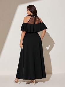 Viva Relle Plus Size Sexy Black Round Neck Halter Backless Sequin Mesh Patchwork Waist Dress For Women - Black - View 6