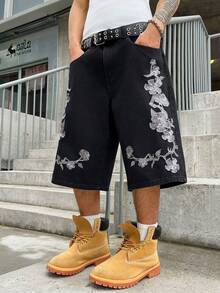 GALLERY FADE 男士休闲街头风高端刺绣水洗黑色牛仔短裤 - 黑色 - 查看 3