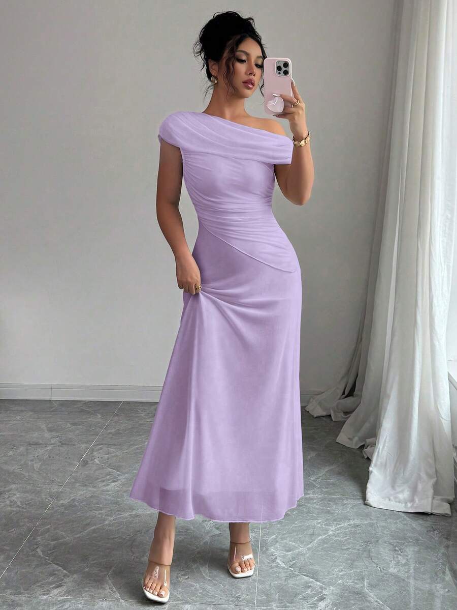 Modelyn 女士网纱不对称肩部褶皱拼接荷叶边下摆法式优雅纯净正式连衣裙 - 淺灰紫 - 查看 1