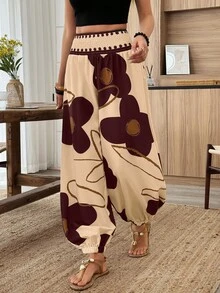 EMERY ROSE Celana Panjang Wanita Model Lentera dengan Pinggang Elastis untuk Liburan Musim Semi/Panas, Celana Kasual Motif Bunga untuk Liburan, Modis untuk Pakaian Musim Panas - MultiWarna - View 4