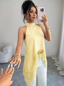 SHEIN Elenzya 女士优雅度假风纯色缎面撞色蕾丝不对称下摆露背吊带上衣，夏季 - 黃色 - 查看 7