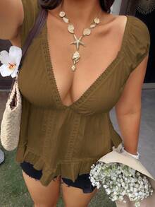 Sunnyshic Plus Size Women Casual Vacation Deep V-Neck Ruffle Hem Blouse - Coffee Brown - View 4