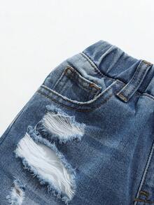 Quần short denim mùa hè mới cho bé trai, phong cách đường phố thời trang, hiệu ứng giặt xanh, chi tiết rách mài, thiết kế cạp chun thoải mái và phong cách, dễ phối đồ cho nhiều dịp, quần short denim mùa hè - Rửa nhẹ - Xem 5