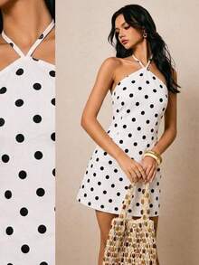SHEIN MOD 女士波点印花露背吊带迷你牛仔连衣裙 - 黑與白 - 查看 3