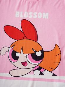THE POWERPUFF GIRLS X SHEIN 2件套运动风少女套装，宽松圆领短袖T恤搭配舒适紧身短裤 - 彩色 - 查看 4