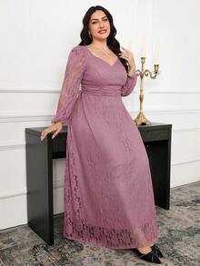 Modelyn Plus Size Women Lace Lantern Sleeve Ruched Waist Elegant Dress Fall - Dusty Pink - View 4