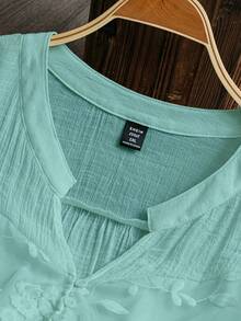 SHEIN LUNE Plus Size Solid Color Textured Elegant Shirt Fall - Mint Blue - View 3