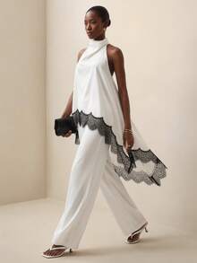 Briarwyn Summer Women's Satin Lace Patchwork Asymmetric Hem Sleeveless Top And Long Pants Elegant Suit Cocktail Evening Party Black White,Elegant Set - White - View 5