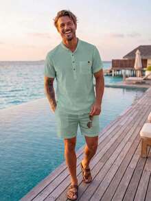 Genlund Men's Solid Color Casual Versatile Daily Wear Short Sleeve Shirt, Holiday - Mint Green - View 3