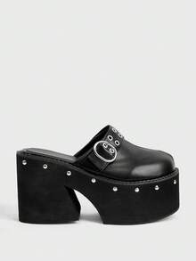Sugerpunk Giày sandal cao gót nữ 2026 đế dày, kiểu dép xỏ ngón nữ ~ Giày cao gót đế dày đính đinh tán kiểu mới mùa xuân thu ~ Giày cao gót siêu cao 11cm dành cho nữ - màu đen - Xem 3