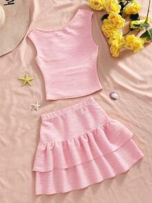 Sparklyn Bộ đồ hai mảnh mới dành cho nữ tuổi teen này gồm áo vest cổ tròn màu vàng dệt kim co giãn thoải mái, thời trang, giản dị và mang phong cách nghỉ dưỡng, kết hợp với chân váy hai tầng cùng màu. Phần eo và gấu áo vest được xếp ly tạo nên vẻ ngoài thanh lịch và sang trọng. Bộ đồ chất lượng cao này hoàn hảo cho trang phục hàng ngày, bao gồm cả các kỳ nghỉ, du lịch và tiệc tùng, lý tưởng cho mùa xuân và mùa hè. - Hồng - Xem 2
