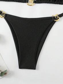 Swim SXY 大尺碼女款掛脖亮片素色螺旋裝飾坦基尼泳衣套裝 - 黑色 - 查看 4