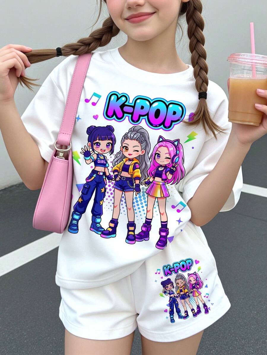 少女休閒簡約卡通女孩肖像 K-Pop 超級巨星卡通女團印花圖案 奶油白 短袖T恤與短褲兩件套 夏季適用 - 彩色 - 查看 1