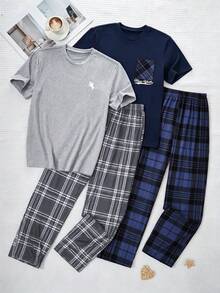 4 piezas Conjunto de pijama para adolescentes, top de manga corta en negro y gris jaspeado y pantalones a cuadros, tela suave y cómoda, diseño minimalista, elástica y transpirable, lavable a máquina (se venden 2 conjuntos por separado) - Multicolor - Ver 5