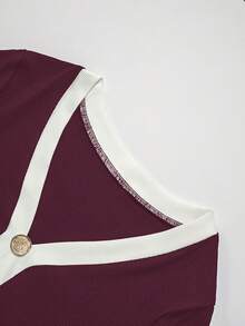 Franclia Plus Size Women's French Style Casual Elegant Ribbed V-Neck Short Sleeve Dress - Red Violet - View 4