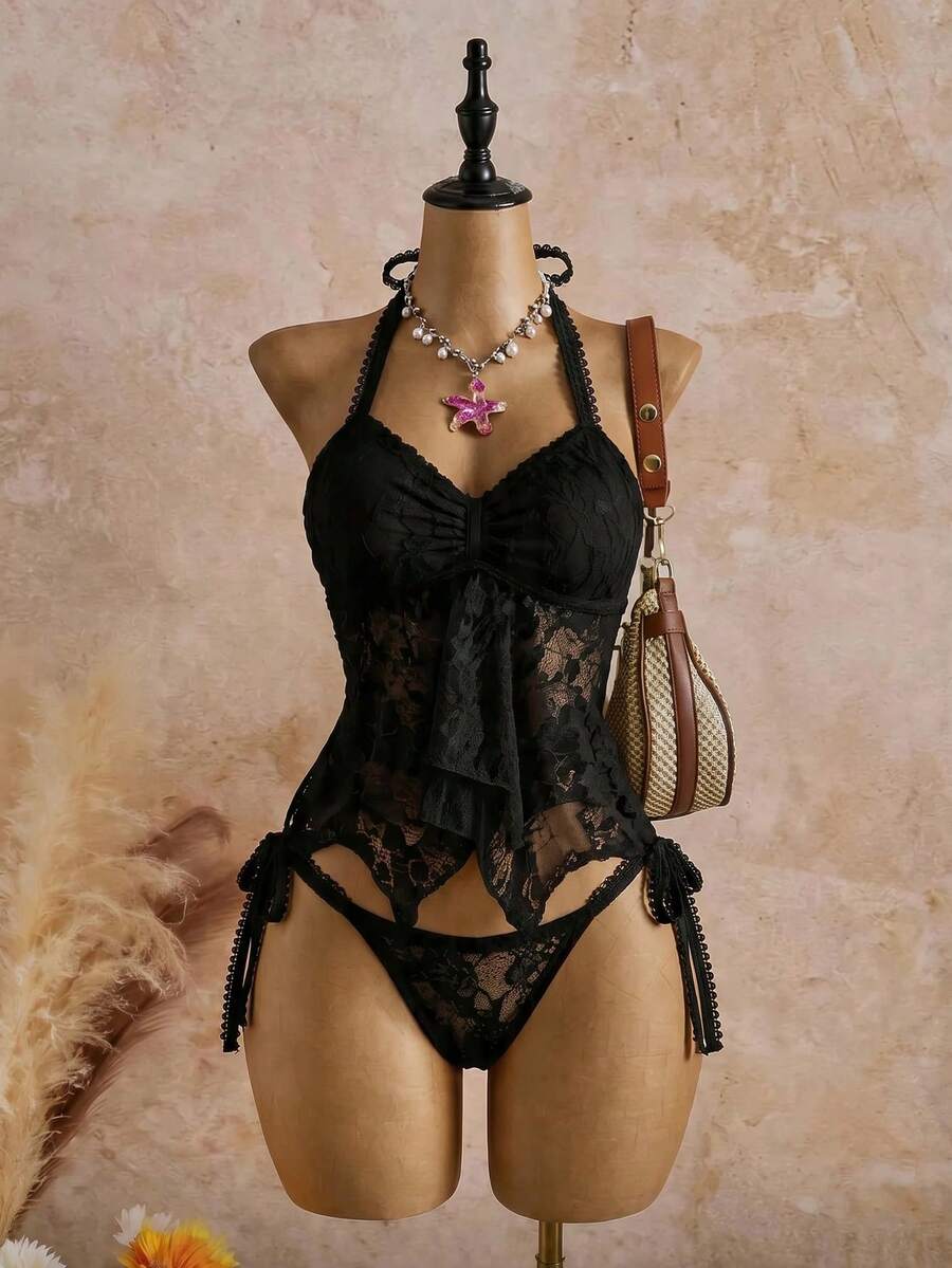 Bellisia Bộ bikini đi biển mùa xuân/hè 26SS màu trắng ren hoa dễ thương thắt nơ, 2 món