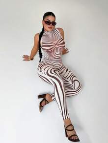 SHEIN SXY 女士全印花修身立领无袖针织连体裤 - 彩色 - 查看 8