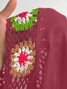 Swim Lushoire Plus Size Women Summer Beach Vacation Patchwork Crochet Loose Cover-Up Dress Boho - Burgundy - View 7
