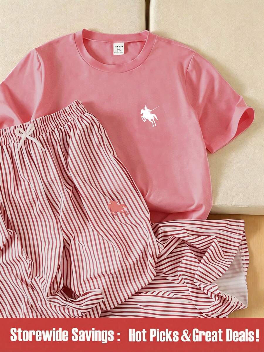 SHEIN Teen Girl Striped Short Sleeve T-Shirt And Pants Set - Pink - View 1