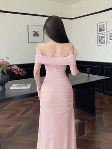 NOVVYNE 女士露肩褶皱腰身优雅婚礼/场合礼服 - 淺粉色 - 查看 2