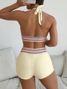 SHEIN Swim 两件套春假新款露背系带比基尼套装，音乐节假日休闲沙滩泳装，女士 - 杏色 - 查看 2
