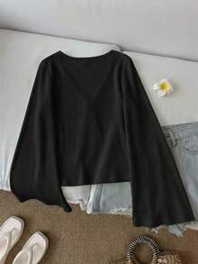 SHEIN LUNE 黑色纯色针织休闲系带喇叭袖上衣，适合夏季穿着 - 黑色 - 查看 2