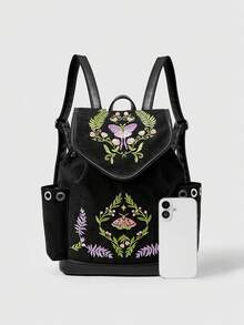 ROMWE Fairycore Balo thêu phong cách phù thủy Gothic họa tiết mặt trăng, sâu, cây dương xỉ, chiết xuất thực vật, bằng da lộn, dây rút, tua rua, túi đi học - Hoa thêu màu - Xem 3