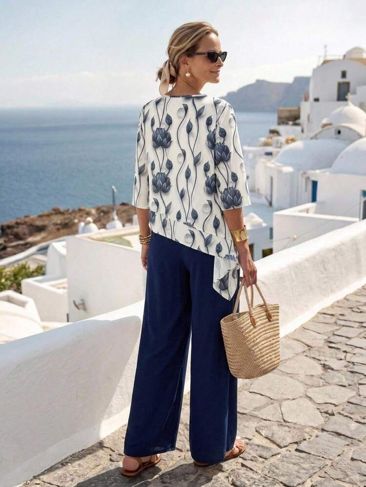 Women's Floral Print 3/4 Sleeve Shirt And Wide Leg Pants Casual Elegant Casual Tropical 2 Pieces Set Summer Outfits For Women Holiday Outfits Women Outfits For Women Outfits Work Office Holiday Vacation Outfits For Women Outfits For Women Two Piece Set Women Two Piece Set For Women Two Piece Set 2-Piece Sets For Women Matching Sets For Women Women's Blouse Set Coords For Women Classy Navy Blue Floral