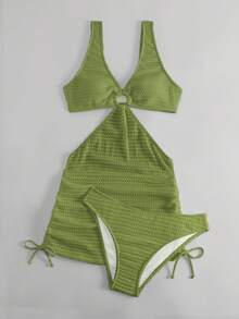 Swim Vcay Women's Solid Color Hollow Out Vacation Style Bikini Set - Green - View 3
