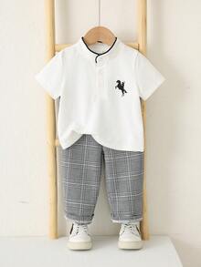 SHEIN 2件套婴儿/男婴休闲可爱校园风polo衫和格子长裤套装，男婴夏季服装 - 白色 - 查看 3