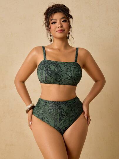 Travachic Plus Size Women's Printed Swimwear Set, Bandeau Tie Bow Swimwear Top