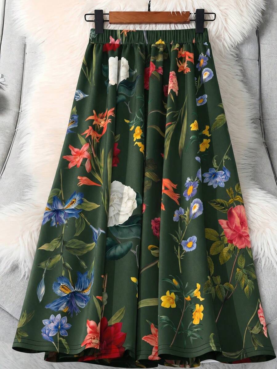 EMERY ROSE 大尺碼女款休閒波希米亞風花卉印花長裙 夏季辦公度假深綠色 - 軍綠色 - 查看 1