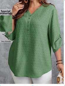 EMERY ROSE Camisa casual de mujer talla grande de unicolor con cuello en V y mangas enrolladas - Verde - Ver 2