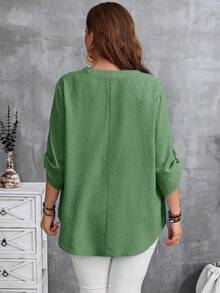 EMERY ROSE Camisa casual de mujer talla grande de unicolor con cuello en V y mangas enrolladas - Verde - Ver 8
