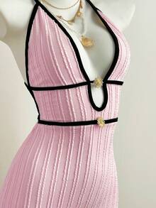 Flirla Women's Pink Textured Jacquard Deep V-Neck Backless Fitted Maxi Casual Vacation Dress - Pink - View 5
