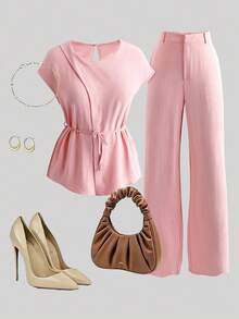 GlowEve CURVE Plus Size Women's Woven Regular Early Summer Elegant Comfortable Commute Gym Round Neck Sleeveless Tie-Up Top And Pants Set, Brown - Pink - View 3